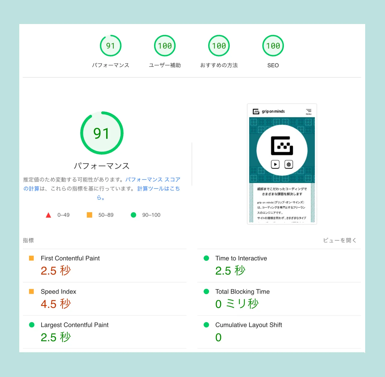 Lighthouse スコア(モバイル): パフォーマンス 91、ユーザー補助 100、おすすめの方法 100、SEO 100