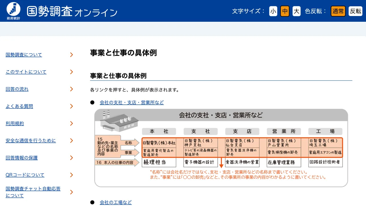 「事業と仕事の具体例」の「会社の支社・支店・営業所など」を開いた状態のスクリーンショット
